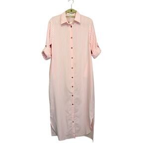Big Hit Maxi Shirt Dress Large Pink White Pocket Striped Comfy Casual Preppy NWT